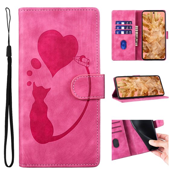 for Google Pixel 7 PU Leather Case, Magnetic Closure Drop Protective Card Slots Wallet Case Wrist Strap Lovely Animal Pattern Kickstand Phone Cover for Google Pixel 7, Rose
