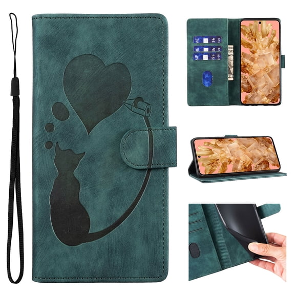 for Google Pixel 7 PU Leather Case, Magnetic Closure Drop Protective Card Slots Wallet Case Wrist Strap Lovely Animal Pattern Kickstand Phone Cover for Google Pixel 7, Green