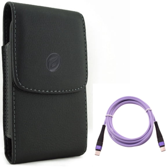 For Google Pixel 7 Pro/6/Pro - Purple 6ft PD Cable w Case Belt Clip, Type-C to USB-C Long Charger Cord Power, Leather Holster Cover for Google Pixel 7 Pro/6/Pro Phones