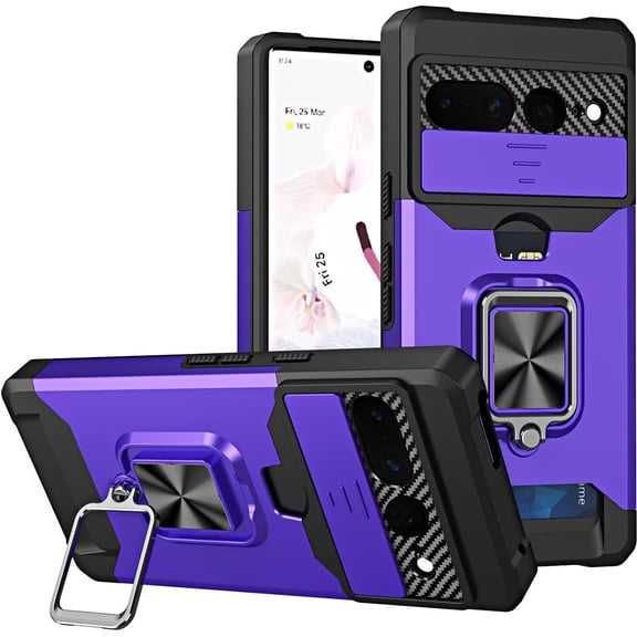 for Google Pixel 7 Pro Case with Camera Cover, Slide Lens Protection Phone Case with Card Holders Built-in Magnetic Kickstand Cover for Google Pixel 7 Pro TC Purple