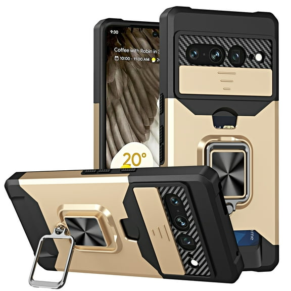 for Google Pixel 7 Pro Case with Card Holder Ring Kickstand Slide Camera Cover Pixel 7 Pro 5g Case Heavy Duty Protection Shockproof Rugged for Google Pixel 7 Pro Phone Cases Cover 2022, Gold