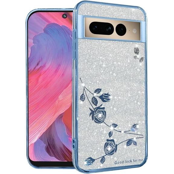 for Google Pixel 7 Pro Case Clear Glitter Sparkle Aesthetic Google Pixel 7 Pro Phone Case Silicone TPU Soft Flower Transparent Shockproof Cover Pruple Thin (Silver-Blue)