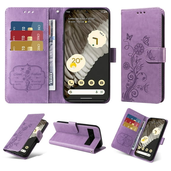 For Google Pixel 7 Pro Case Wallet, Stylish Flower Butterfly Embossed PU Leather Flip Cover Stand Shockproof Cards Slots Hand Wrist Phone Case for Google Pixel 7 Pro, Purple