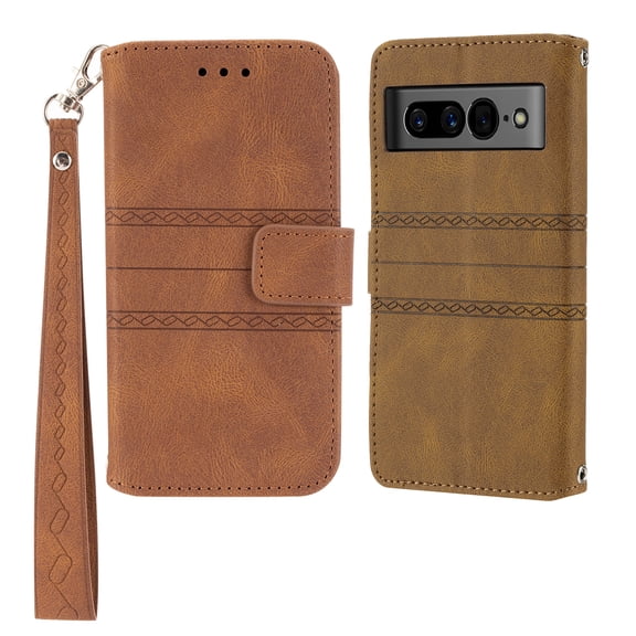 For Google Pixel 7 Pro Flip Case, Premium PU Leather Folio Flip with Design Card Slots Wrist Strap Shockproof Kickstand Magnetic Protective Girls Cover For Google Pixel 7 Pro, Brown