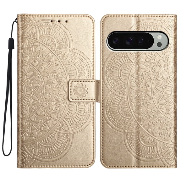 For Google Pixel 7 Pro Folio Wallet Case with Wrist Strap, Embossed Sunflower Pattern, Lightweight Protective PU Leather Phone Case with Credit Card/Cash Slots, Magnetic Closure, Gold