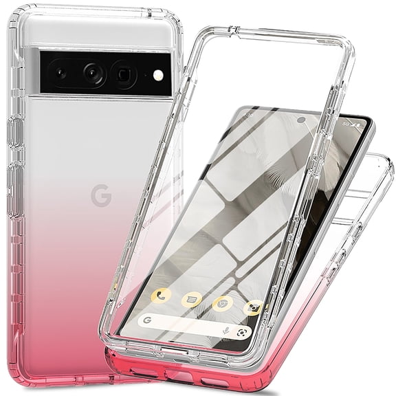 for Google Pixel 7 Pro Gradient Clear Hybrid Case, [Not Yellowing] [Military-Grade Drop Protection][Built in Screen Protector][Hard PC & Soft Silicone Bumper] 360° Full Body Rugged Cover,Pink