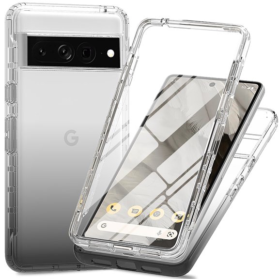 for Google Pixel 7 Pro Gradient Clear Hybrid Case, [Not Yellowing] [Military-Grade Drop Protection][Built in Screen Protector][Hard PC & Soft Silicone Bumper] 360° Full Body Rugged Cover,Black