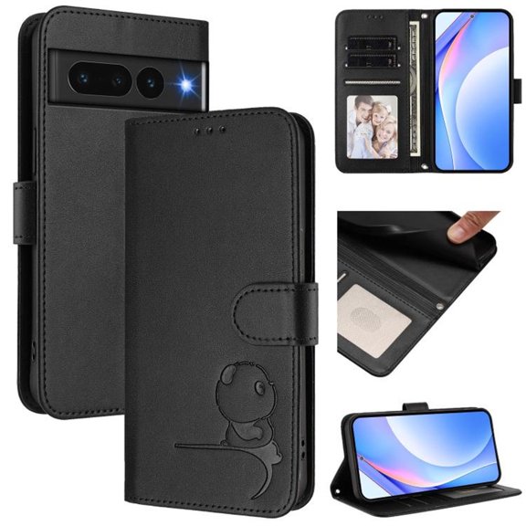 For Google Pixel 7 Pro Litter Panda Embossing Leather Phone Case with RFID Blocking Card Slot Wallet Magnetic Clasp Lanyard Flip Stand Case,Black,For Google Pixel 7 Pro