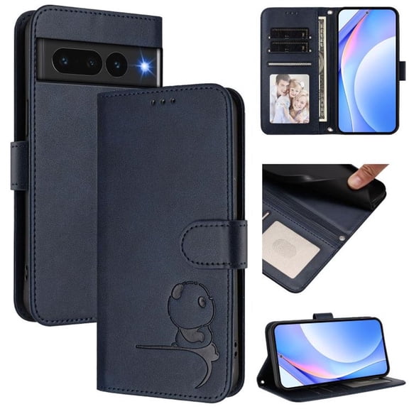 For Google Pixel 7 Pro Litter Panda Embossing Leather Phone Case with RFID Blocking Card Slot Wallet Magnetic Clasp Lanyard Flip Stand Case,Blue,For Google Pixel 7 Pro