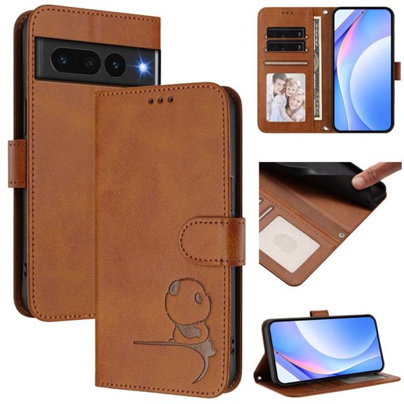 For Google Pixel 7 Pro Litter Panda Embossing Leather Phone Case with RFID Blocking Card Slot Wallet Magnetic Clasp Lanyard Flip Stand Case,Brown,For Google Pixel 7 Pro