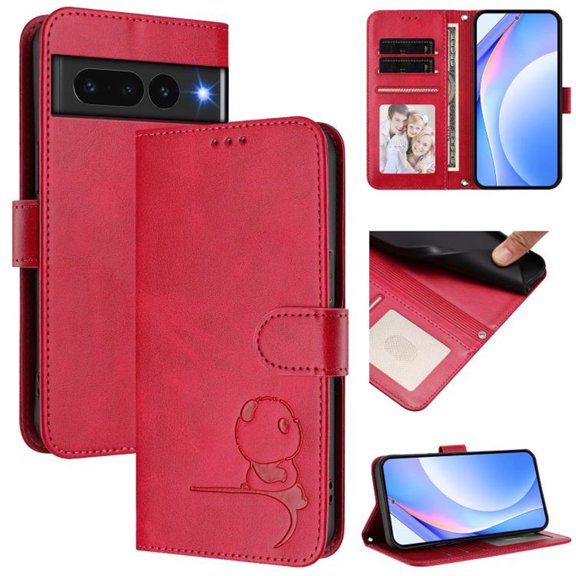 For Google Pixel 7 Pro Litter Panda Embossing Leather Phone Case with RFID Blocking Card Slot Wallet Magnetic Clasp Lanyard Flip Stand Case,Rose Red,For Google Pixel 7 Pro