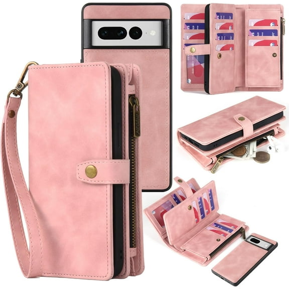 for Google Pixel 7 Pro Wallet Case with Card Holder & Detachable Magnetic Phone Case for Google Pixel 7 Pro,PU Leather Shockproof Protective Case with Wrist Strap(Pink)