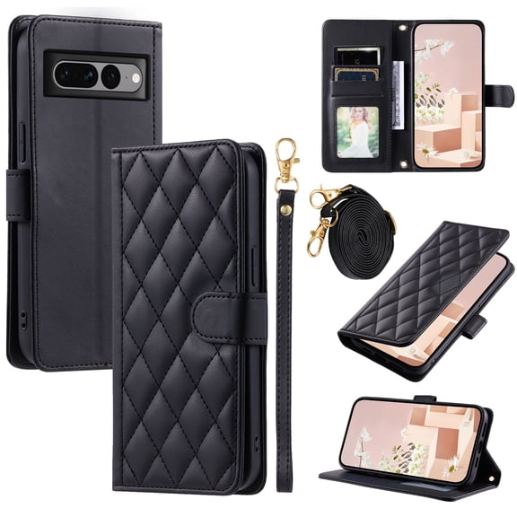 for Google Pixel 7 Pro Wallet Case, Premium PU Leather Magnetic Flip Folio Case with Wrist Strap Credit Card Holder for Women Men Crossbody Strap Case Cover for Google Pixel 7 Pro, Black