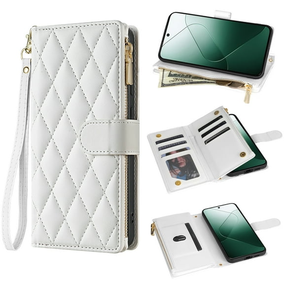 for Google Pixel 7 Pro Wallet Phone case with Card Holder,Kickstand RFID Blocking PU Leather Flip Shockproof Phone Cover with Hand Strap Zipper Credit Card Holder Slots for Women Men,White