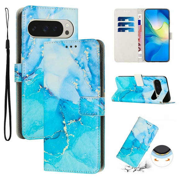 for Google Pixel 7 Wallet Case with Card Holder,Women Men RFID Blocking PU Leather Flip Cover Wrist Strap Magnetic Closure Credit Card Slots Marble Patterned Book Style Phone Case,Blue