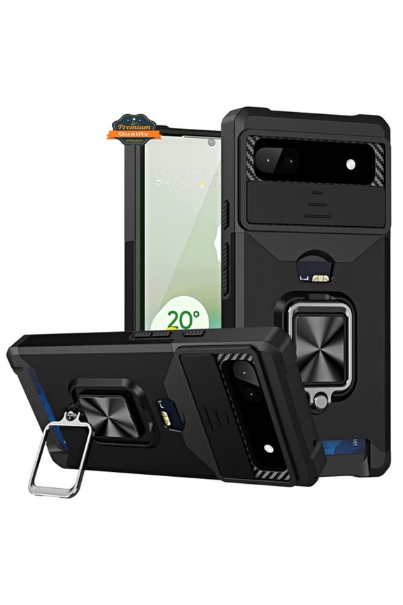 For Google Pixel 7 Wallet Case Designed with Slide Camera Protection, Card Slot & Ring Kickstand Magnetic Car Mount Phone Case Cover by Xpression - Black