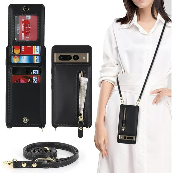 for Google Pixel 7 pro Case with Card Holder for Women,Pixel 7 pro Phone Case Wallet with Strap Credit Card Slots Crossbody with Kickstand Zipper Case for Pixel7pro - Black