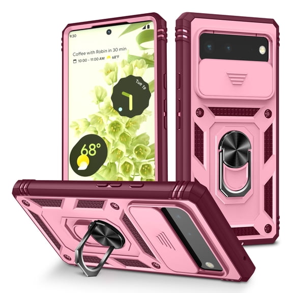 for Google Pixel 7A 3-in-1 Phone Case with Slide Camera Cover, Build in 360° Rotating Ring Kickstand, Military Grade Protective Shockproof Heavy Duty Anti-fall Phone Case for Google Pixel 7A,B