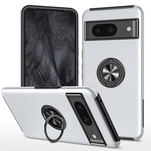 for Google Pixel 7A Case, 360° Rotatable Ring Holder Kickstand Dual Layer Military-Grade Drop Tested Protection Support Car Holder Mount Magnetic Absorbing Bumper Phone Case, Silver