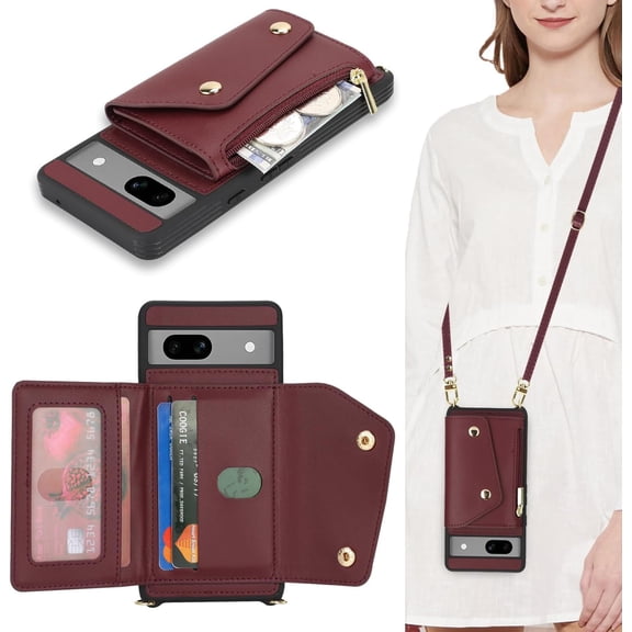 for Google Pixel 7A Case with Card Holder and Strap - Zipper Pocket,Crossbody Lanyard Strap,Credit Card Holder,Cute Phone Wallet Case for Women(Wine Red)