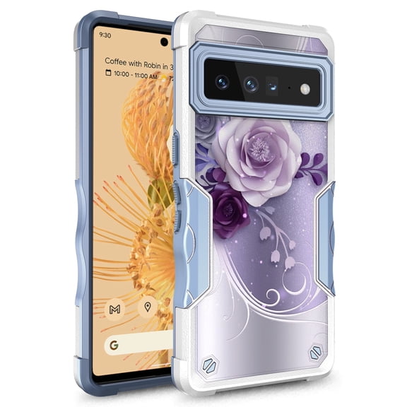 Google Pixel 7A Case, Rosebono Hybrid Dual Layer Graphic Design Pattern Heavy Duty Protection Case For Google Pixel 7A (Purple Flower)