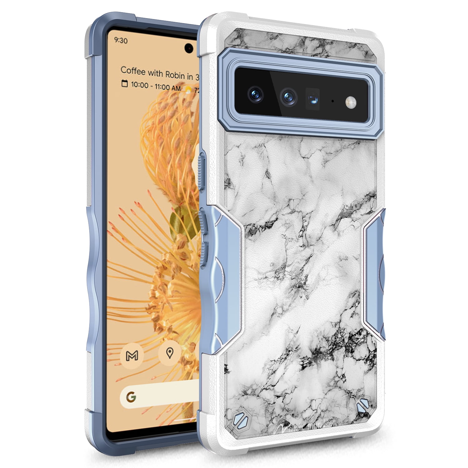 Google Pixel 7A Case, Rosebono Hybrid Dual Layer Graphic Design Pattern  Heavy Duty Protection Case For Google Pixel 7A (White Marble) 