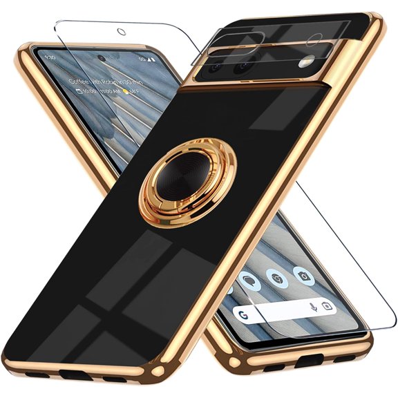 for Google Pixel 7A Case with Screen Protector and Camera Protector, Built-in 360° Ring Holder Magnetic Stand, Luxury Electroplated Plating Edge Shockproof Protective Phone Cover, Black