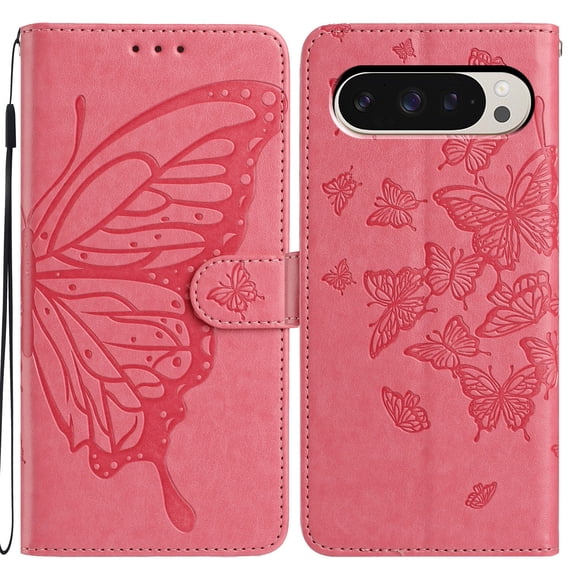 For Google Pixel 7A Folio Wallet Case with Wrist Strap, Embossed Butterfly Pattern, Lightweight Protective PU Leather Phone Case with Credit Card/Cash Slots, Magnetic Closure, Pink