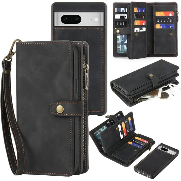 for Google Pixel 7A Wallet Case with Card Holder & Detachable Magnetic Phone Case for google pixel 7A,PU Leather Shockproof Protective Case Wallet Phone Case Wallet with Wrist Strap(Black)
