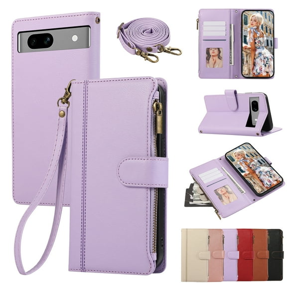 for Google Pixel 7A Wallet case with Card Holder for Women Men,Phone case RFID Blocking PU Leather Flip Cover with Strap Zipper Credit Card Slots,Kickstand,With Wrist Strap,Purple