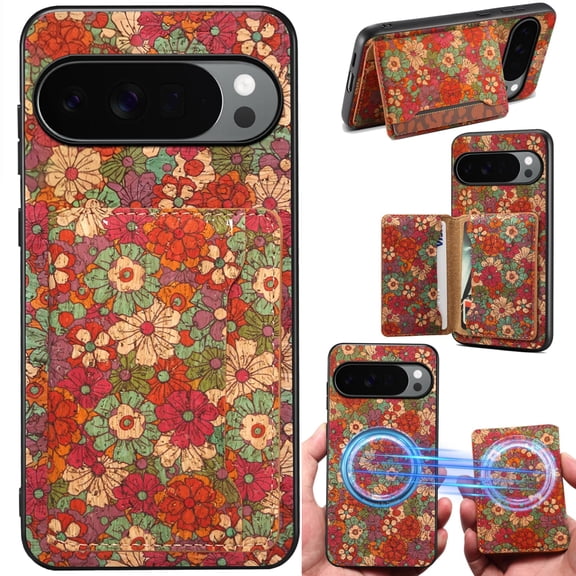 for Google Pixel 7Pro Cork Wood Phone Case Flower Floral Printed Cover, Strong Magnetic Attachment for MagSafe Wallet Card Holder, Kickstand Support, Wireless Charging