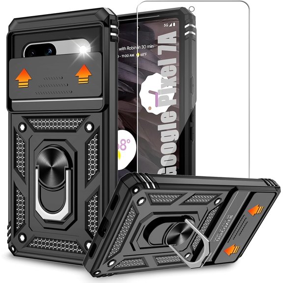 for Google Pixel 7a Case with HD Screen Protector, Build in 360° Magnetic Ring Holder Kickstand [Military Grade Drop Tested] Protective Case for Pixel 7a Case,Black