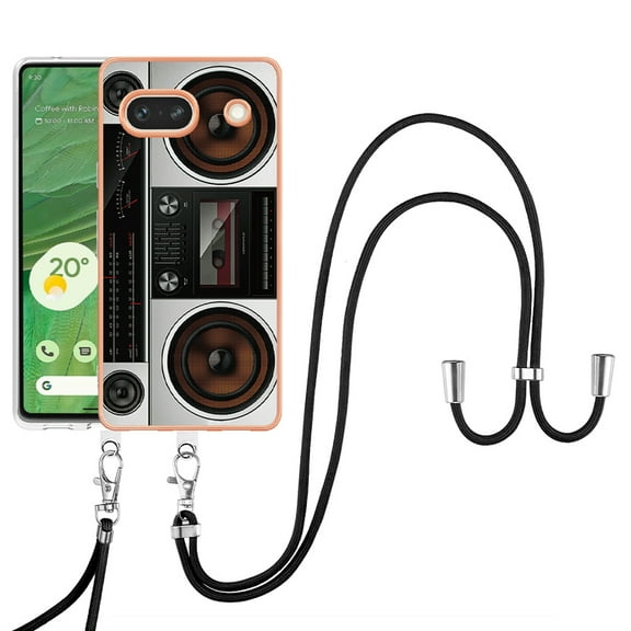 for Google Pixel 7a Crossbody Strap Phone Case, Anti-Fall Pattern Clear Design Transparent Soft & Flexible TPU Drop and Shockproof Protective Cover with Adjustable Nylon Neck Strap, Retro Radio