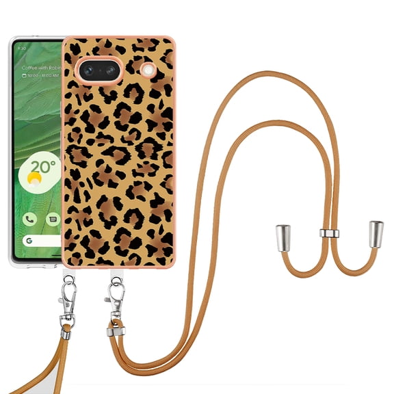 for Google Pixel 7a Crossbody Strap Phone Case, Anti-Fall Pattern Clear Design Transparent Soft & Flexible TPU Drop and Shockproof Protective Cover with Adjustable Nylon Neck Strap, Leopard