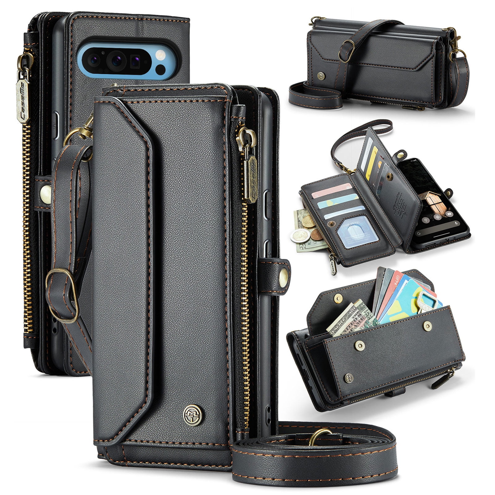 for Google Pixel 7a Full Body Protection Wallet Folio Flip Case, Shoulder Strap & Wristlet Card Slots Zipper Pocket RFID Blocking Rugged Durable PU Leather Phone Case Cover, Black