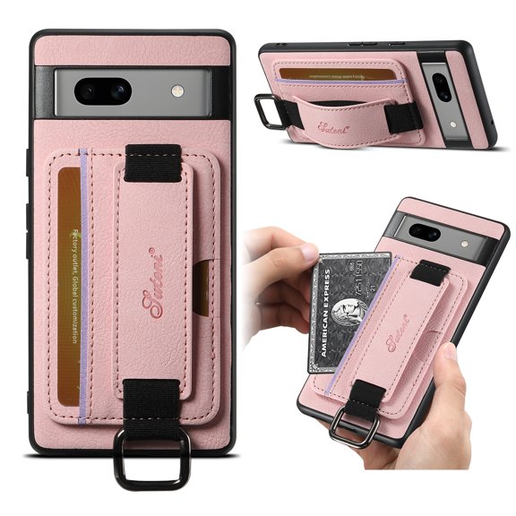 for Google Pixel 7a PU Leather Card Slots Back Case, Classic Wristband Kickstand Finger Ring Shockproof Protective TPU Frame Phone Case for Google Pixel 7a Women Men Boys Girls, Pink