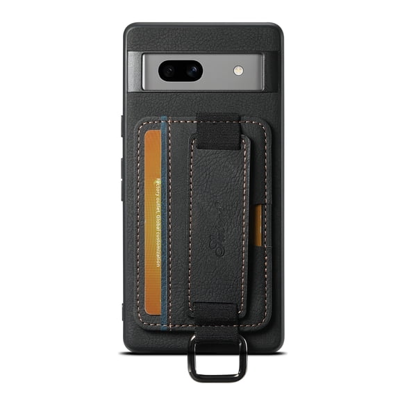 for Google Pixel 7a Wallet Case, Classic Finger Ring with Card Holder Lychee Texture PU Leather Back Cover with Wristband Kickstand Shockproof Drop Protective for Google Pixel 7a, Black