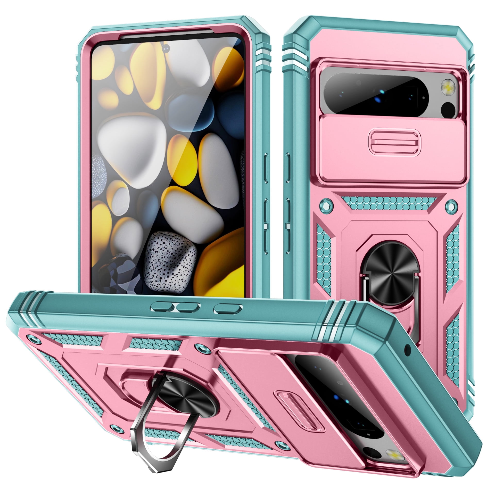 for Google Pixel 8 3-in-1 Phone Case with Slide Camera Cover, Build in 360° Rotating Ring Kickstand, Military Grade Protective Shockproof Heavy Duty Anti-fall Phone Case for Google Pixel 8,C