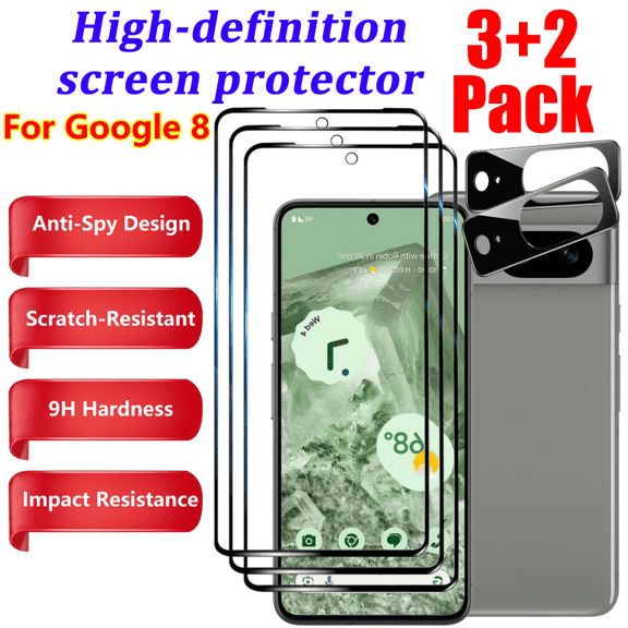 Google Pixel 8 (6.2 Inch) tempered glass screen protector 3 pieces with camera lens protector 2 pieces, [3+2 Pack] supports fingerprint unlock, scratch resistant, bubble free, easy to install