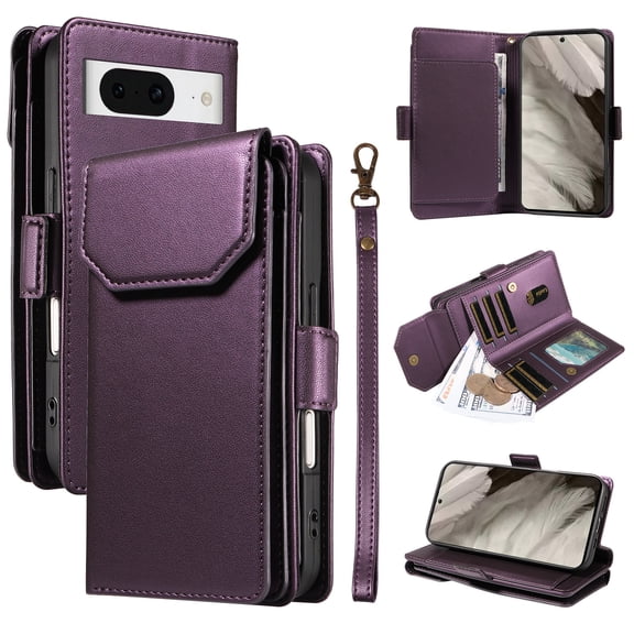 for Google Pixel 8 Case with 11 Card Slots & 2 Cash Pockets for Woman Man,PU Leather Flip Kickstand Folio [RFID Blocking] Wallet Case, Wrist Strap Magnetic Clasp Protective Cover,Purple