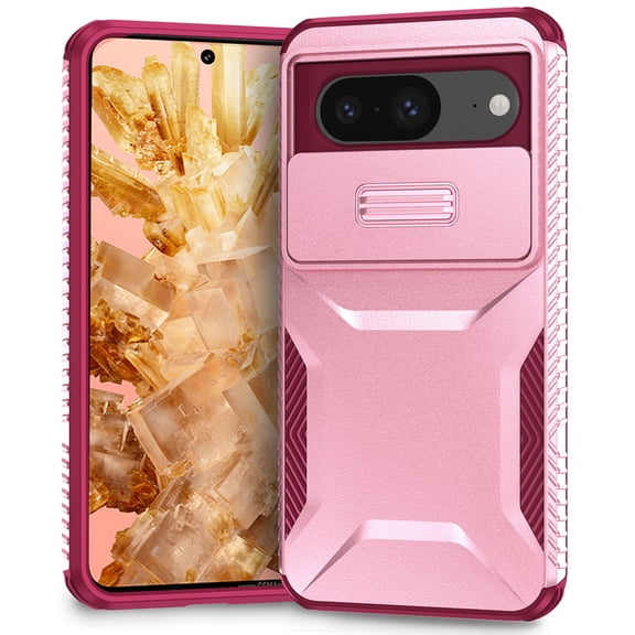 for Google Pixel 8 Case with Built-in Camera Lens Slide Cover, Heavy-Duty Shockproof Rugged Case Heavy Duty Bumper Shockproof Phone Cover for Google Pixel 8,Pink