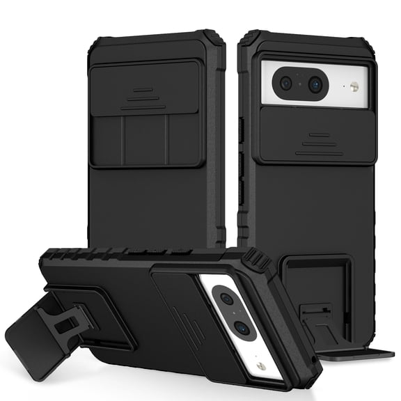 for Google Pixel 8 Case with Camera Lens Slide Protection, Armour Silicone TPU Bumper Tough PC Cover Kickstand, Military Shockproof Absorption Case for Google Pixel 8, Black