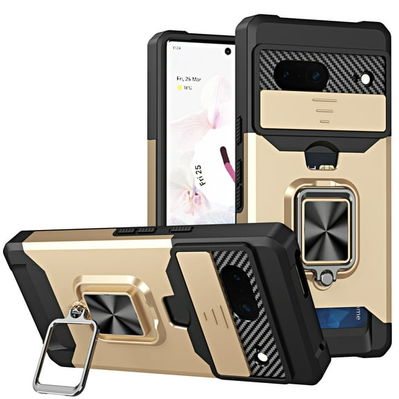 For Google Pixel 8 Case with Card Holder & 360° Magnetic Ring Stand Heavy Duty Camera Lens Slide Dual Layer Shockproof Hidden Card Slot Slim Wallet Phone Case Cover for Women Men,Gold