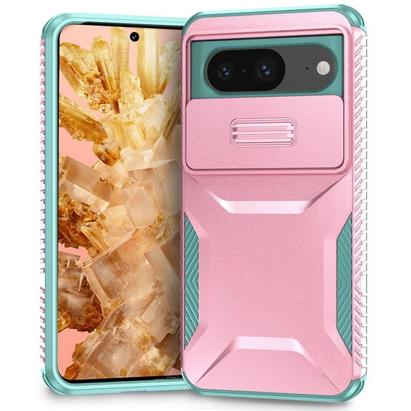 for Google Pixel 8 Case, Heavy Duty Case with Camera Lens Sliding Cover, Shockproof Dropproof Non-Slip Military Grade Full Body Rugged Protection Cover Case for Google Pixel 8, Pink