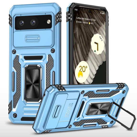 For Google Pixel 8 Case with Hinge Protection and 360°Rotate Ring Magnetic Kickstand, [Military Grade anti-Drop],Hard Back & Soft Edge Slim Protective Case for Google Pixel 8,Lightblue