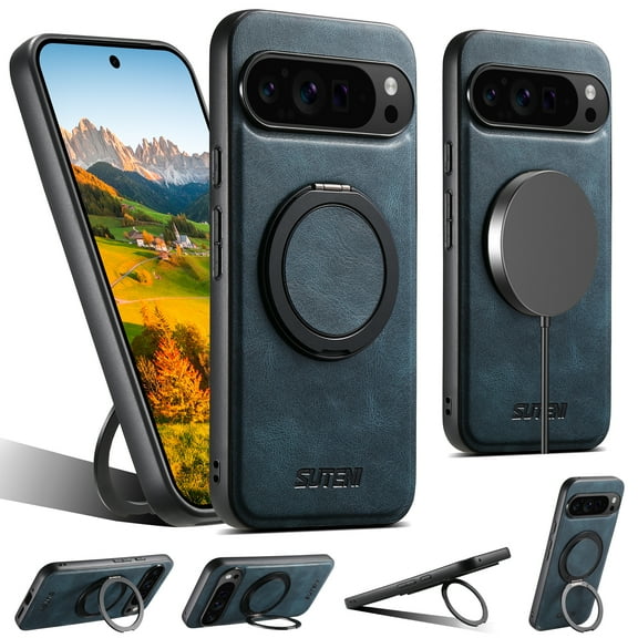 for Google Pixel 8 Case, PU Leather Back + TPU Frame, 360° Rotating Ring Bracket Strong Magnetic, Wireless Charging Compatible, Ultra Slim Protective Case for Google Pixel 8, Blue