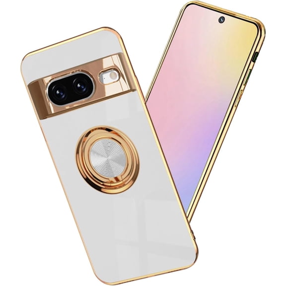 for Google Pixel 8 Case with Ring Holder Magnetic Aesthetic Google Pixel 8 Phone Case Silicone Soft TPU Thin White Cover 360° Rotatable Metal Kickstand (White)