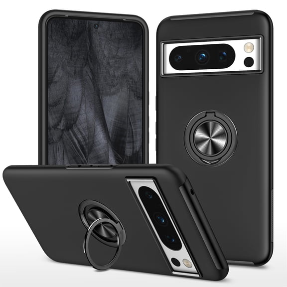 for Google Pixel 8 Case with Ring Stand, 360° Rotatable Ring Holder Magnetic Kickstand, 2-Layer Heavy Duty Shockproof Rugged Hybrid Hard PC Soft Rubber Case for Google Pixel 8, Black