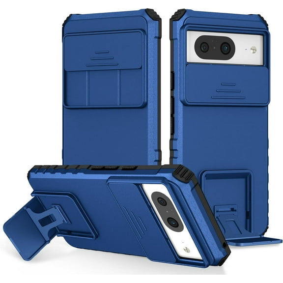 for Google Pixel 8 Case with Slide Camera Cover,  Silicone TPU Bumper Tough PC Cover Pixel 8 with Kickstand, Military Shockproof Protective Phone Case for Google Pixel 8 Blue