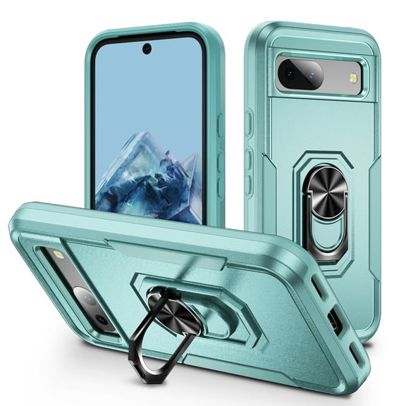 for Google Pixel 8 Case, Slim Fit Military Grade Drop Tested Dual Layer Shockproof Case with 360 Ring Holder Kickstand Protective Rugged Car Magnetic Non-Slip Phone Case,Green